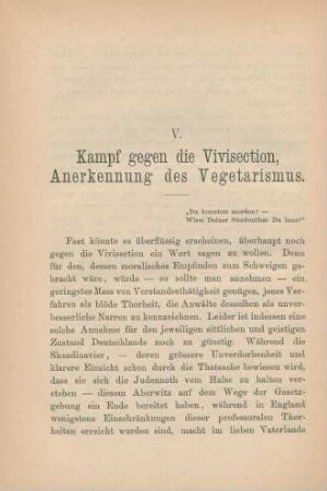 V. Kampf gegen die Vivisection, Anerkennung des Vegetarismus