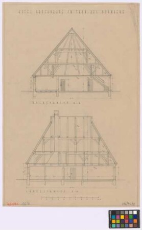 Thon (Nürnberg): Altes Bauernhaus genannt Schwedenhaus (erbaut um 1600). Haupthaus (Querschnitt A-B, Längsschnitt C-D)