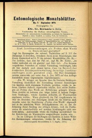 Entomologische Monatsblätter. No. 7. September 1876