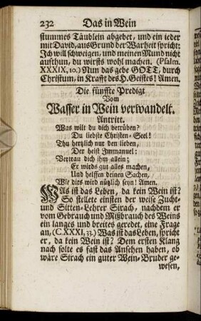 Die fünffte Predigt Vom Wasser in Wein verwandelt.
