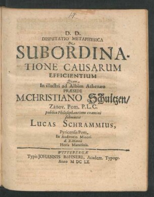 Disputatio Metaphysica De Subordinatione Causarum Efficientium