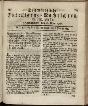 XLVIII. Stück. Sonnabends: den 26. Nov. 1791.
