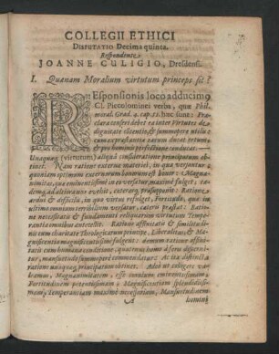 Collegii Ethici Disputatio Decima quinta. Respondente Joanne Culigio