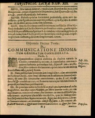 Disputatio Decima Tertia, De Communicatione Idiomatum Generatim Considerata.