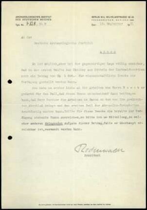 G. Rodenwaldt an DAI Athen