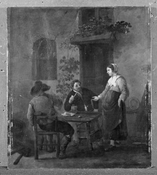 Zwei Zecher und eine Magd vor der Schenke