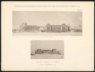 Wettbewerb Museumsinsel, Berlin: Projekt VIII, Ansicht vom Kupfergraben, Längsschnitt (aus: Concurrenzentwürfe wegen Bebauung d. Museumsinsel zu Berlin. Auswahl d. preisgekrönten u. besten Entwürfe, Berlin 1884)