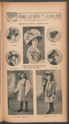 Sombreros de señora y trajes de niña - [Ilustración]