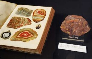 SLUB, Ausstellung "Gespräche mit der Erde. Geowissenschaften in Sachsen" : Ausstellungspräsentation im Buchmuseum. Chalcedon-Stück (Trümmerachat) neben Tafel 57 in: "Das Mineralreich" von Reinhard Brauns, 1912