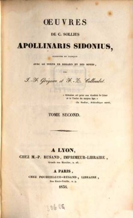 Oeuvres de C. Sollius Apollinaris Sidonius. 2