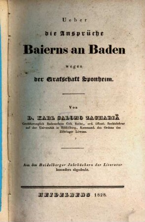 Über die Ansprüche Baierns an Baden wegen der Grafschaft Sponheim