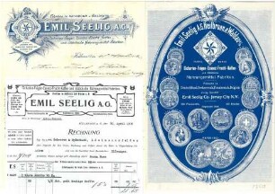 Rechnung der Fa. Emil Seelig AG mit Abb. von Medaillen auf der Rückseite