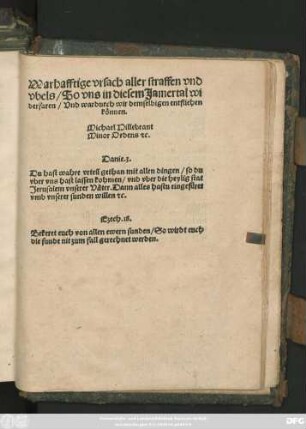 Warhafftige vrsach aller straffen vnd || vbels/ So vns in diesem Jamertal wi||derfaren/ Vnd wardurch wir demselbigen entfliehen || können.|| Michael Hillebrant || Minor Ordens #[et]c.|| ... ||