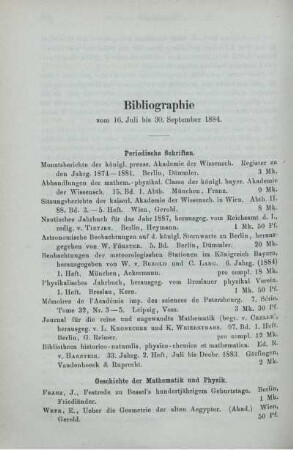 Bibliographie vom 16. Juli bis 30. September 1884.