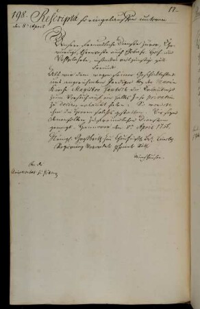 Erlaubnis zur Abhaltung von Privatunterricht durch den Prediger der Marienkirche Magister Gautsch.