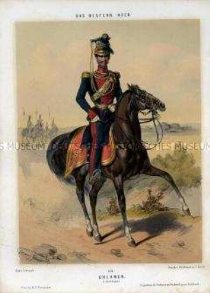 Uniformdarstellung, Leutnant des Ulanen-Regiments zu Pferd, Österreich, 1848/1854. Tafel 131 aus: Gerasch: Das Oesterreichische Heer.