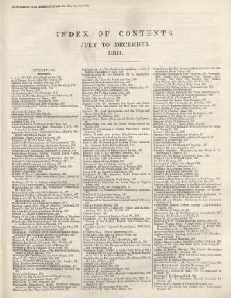 INDEX OF CONTENTS JULY TO DECEMBER 1883.