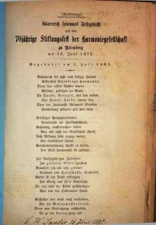 Glorreich solennes Festgedicht auf das 70jährige Stiftungsfest der Harmoniegesellschaft zu Nürnberg am 13. Juni 1875