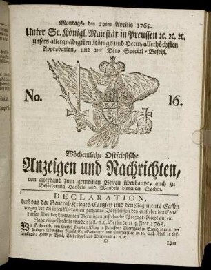 No. 16. Montags, den 22ten Aprilis 1765.