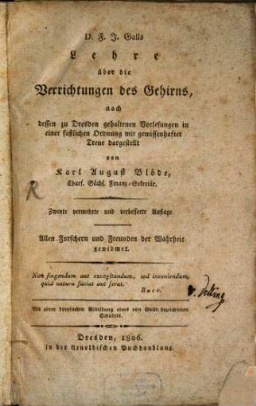 D. F. J. Gall's Lehre über die Verrichtungen des Gehirns