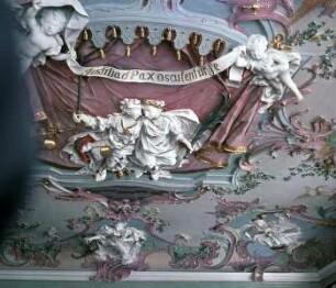 Justitia und Pax, gerahmt von weiteren Tugenden