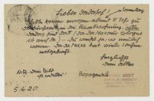 Postkarte von George Grosz an Raoul Hausmann. Berlin-Wilmersdorf
