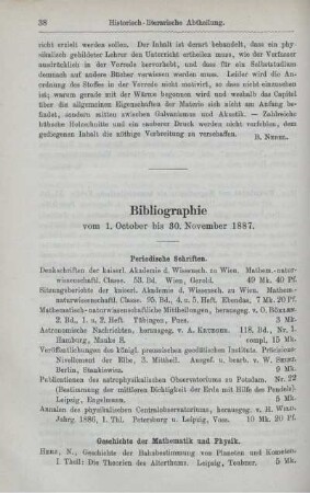 Bibliographie vom 1. October bis 30. November 1887.