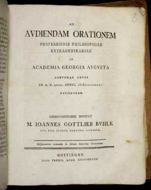 Ad Audiendam Orationem Professionis Philosophiae Extraordinariae In Academia Georgia Augusta Adeundae Causa In A. D. XXVIII. April. MDCCLXXXVII Recitandam : Disputantur nonnulla de fabula Satyrica Graecorum