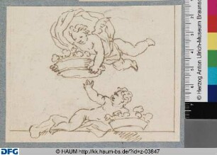 Liegender und schwebender Putto mit Blumenkörben