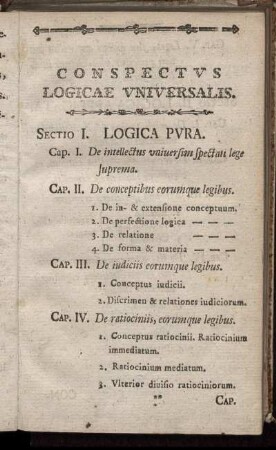 Conspectus Logicae Universalis. - Conspectus Analyticæ Facultatis Cognoscendi Purae.