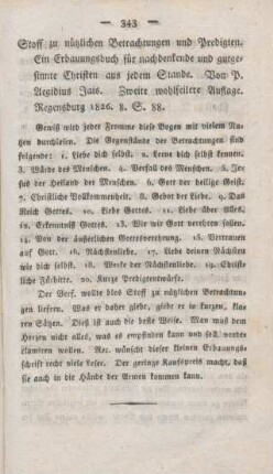 343 [Rezension] Jais, Ägidius, Stoff zu nützlichen Betrachtungen und Predigten