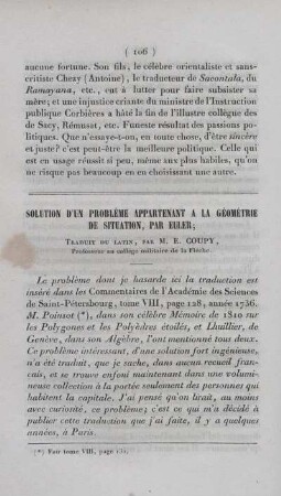 Solution d´un problème appartenant a la géométrie de situation, par euler.