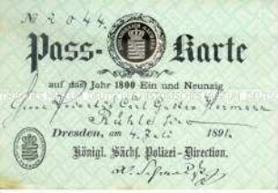 Passkarte der Königlich Sächsischen Polizeidirektion für den Privatier Carl Gustav Hermann Rühle
