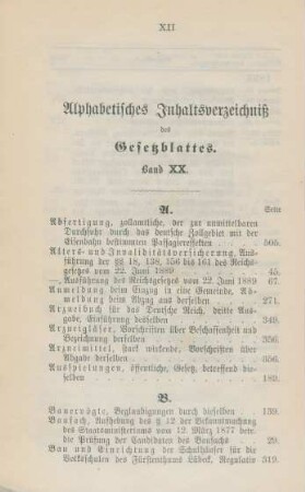 Alphabetisches Inhaltsverzeichniß des Gesetzblattes. Band XX