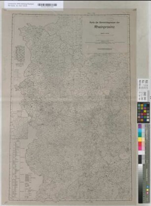 Karte der Gemeindegrenzen der Rheinprovinz. Herausgegeben vom Reichsamt für Landesaufnahme Berlin 1938 / Kartographische Bearbeitung: Rheinprovinz, Saarland und Landesteil Birkenfeld: Landesplanungsgemeinschaft Rheinland (Stand 1.1.1934-Zur Volks- und Betriebszählung 1933). Angrenzende Gebiete: Reichsamt für Landesaufnahme (Stand 1.3.1937)