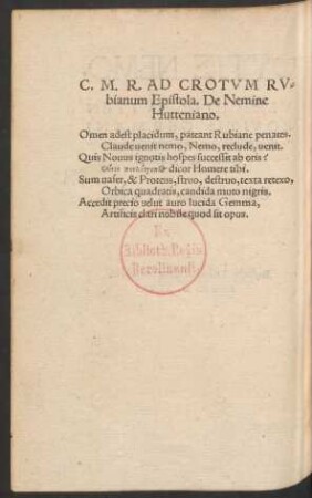 C. M. R. Ad Crotum Rubianum Epistola. De Nemine Hutteniano.