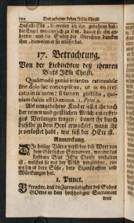 102-111, 17. Betrachtung. Von der Lieblichkeit des theuren Bluts JEsu Christi. - 18. Betrachtung. Von dem unschaetzbaren Werth deß Bluts JEsu Christi in dem allerheiligisten Sacrament.