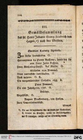 III. Gemäldesammlung des ſel. Herrn Johann Georg Friedrich von Hagen, *) nach den Meiſtern
