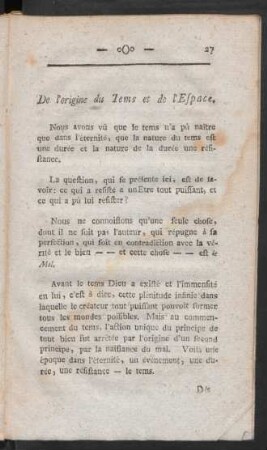 De l'origine du Tems et de l'Espace