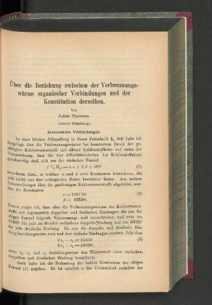 Über die Beziehungen zwischen der Verbrennungswärme organischer Verbindungen und der Konstitution derselben.