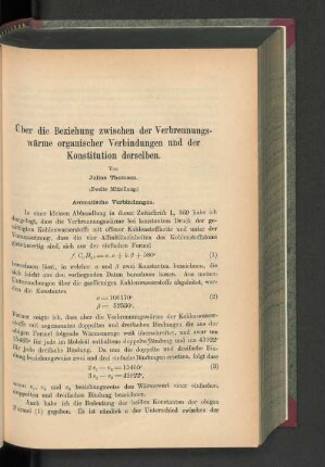 Über die Beziehungen zwischen der Verbrennungswärme organischer Verbindungen und der Konstitution derselben.