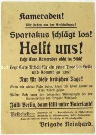 Aufruf der Brigade Reinhard zum Beitritt im Zuge des Januaraufstandes 1919 in Berlin