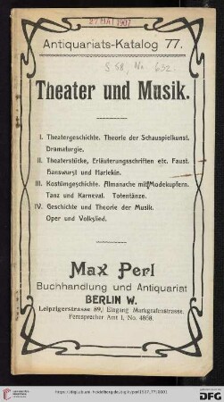 Nr. 77: Antiquariats-Katalog: Theater und Musik