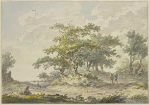 Gruppen von Eichbäumen, rechts zwei Wanderer, links eine sitzende Figur