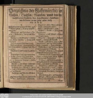 Verzeichnis der Jahrmärckte/ in Meissen/ Sachsen/ den Kauffleuten/ Händlern und Krämern/ zu nutz hierher gesetzt/ nach dem A B C.