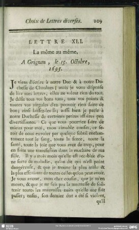 Lettre XLI. La même au même. A Grignan, le 15. Octobre, 1695