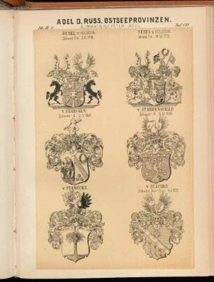 Taf. 178. - Stael v. Holstein. Schwd. Frh. 2.VI.1719. - Stael v. Holstein. Schwed. Frh. 14.VI.1731. - v. Starken. Schwed.-A. 2.V.1691. - v. Stahrenschild Schwed.-A. 9.IX.1686. - v. Stanecke. - v. Stauden Schwed. Nat-Dipl. 4.V.1733.