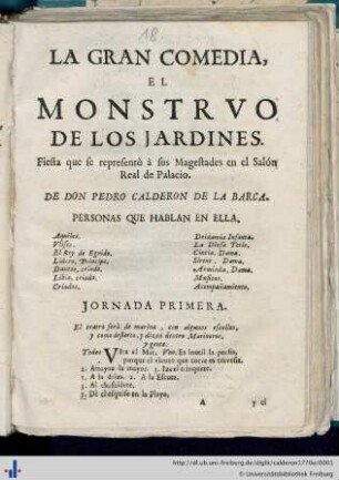 El monstruo de los jardines : fiesta que se representò a sus Magestades en el Salon Real de Palacio