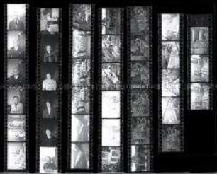 Schwarz-Weiß-Negative mit Aufnahmen einer Matratzenfabrik, einer Fensterschreinerei, von der Herstellung von Harken aus Panzerblech, zerstörter Brücke in Tempelhof über dem Teltowkanal, Portraitaufnahmen u.a.