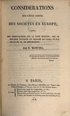 Considerations sur l'état actuel des sociétés en Europe